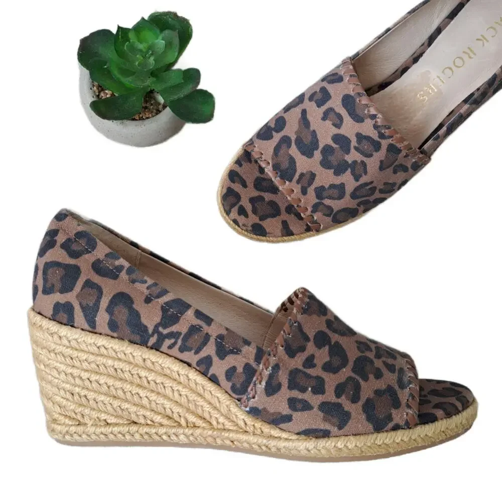 Jack Rogers Palmer Wedge Sandal Size 7 Linen Leopard Print Espadrille Peep Toe